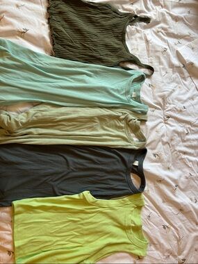 Five Women’s Tank Tops in Olive, Mint, Sage, Charcoal, and Lime